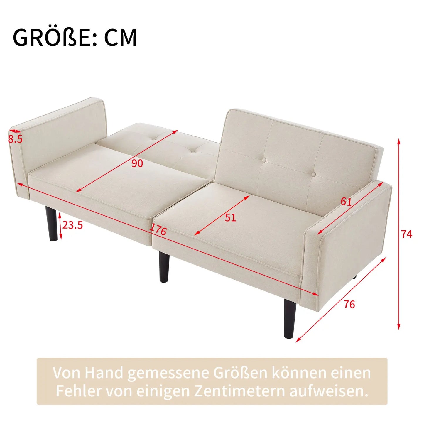 Slaapbank – Bankbed – Bedbank – 2-Zitsbank – Verstelbare Rugleuningen – Katoen-Linnen Stof – Houten Poten - 176 x 76 x 74 cm - Beige