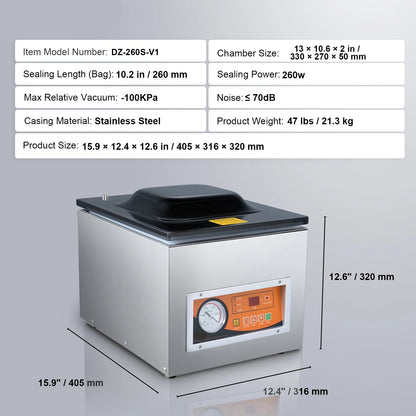 Vacumeermachine - Vacuümverpakkingsmachine - Vacuümmachines - Kamermodel Vacuümsealer - met 260W Vermogen en 26 cm Seallengte - Commerciële - Foodsaver - Seal Apparaat - voor Nat Voedsel en Vlees - QUORE