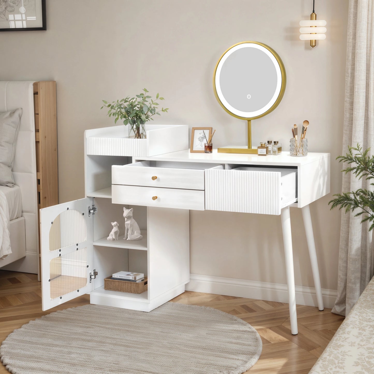 Make-Up Tafel – Kaptafel – Make-Up Bureau – Beauty Meubel – Driedubbele LED-Verlichting – Ruime Opbergruimte - Wit
