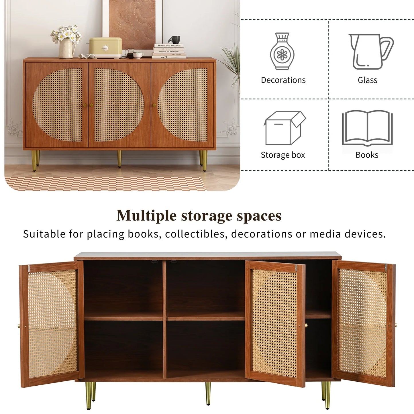 Sideboard with 3 rattan decorated doors chest of drawers Highboard with metal handles, for bedrooms & Living Rooms & Office - QUORE