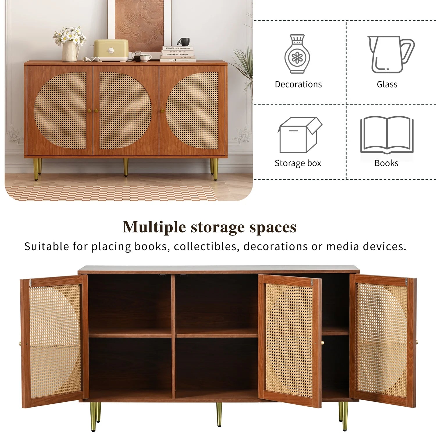 Sideboard with 3 rattan decorated doors chest of drawers Highboard with metal handles, for bedrooms & Living Rooms & Office - QUORE