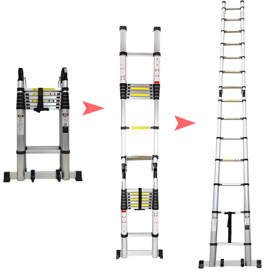 Telescopische Aluminium Ladder – Uitschuifbare Ladder – A-Frame Trap – Inklapbare Ladder – Compacte Ladder – Lichtgewicht 6063 Aluminium – Maximaal 150 Kg Belastbaar - 2,1m Plus 2,1m