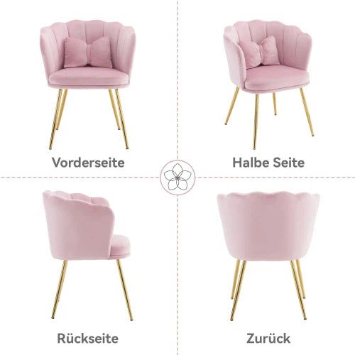 Eetkamerstoelen – Set van 2 - Velours Stoel – Lounge Stoel – Fluwelen Fauteuil – Design Fauteuil – Bloembladdesign – Ergonomisch Zitcomfort – Vergulde Metalen Poten - Roze