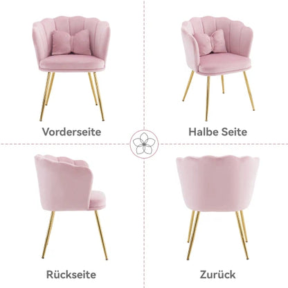 Eetkamerstoelen – Set van 2 - Velours Stoel – Lounge Stoel – Fluwelen Fauteuil – Design Fauteuil – Bloembladdesign – Ergonomisch Zitcomfort – Vergulde Metalen Poten - Roze