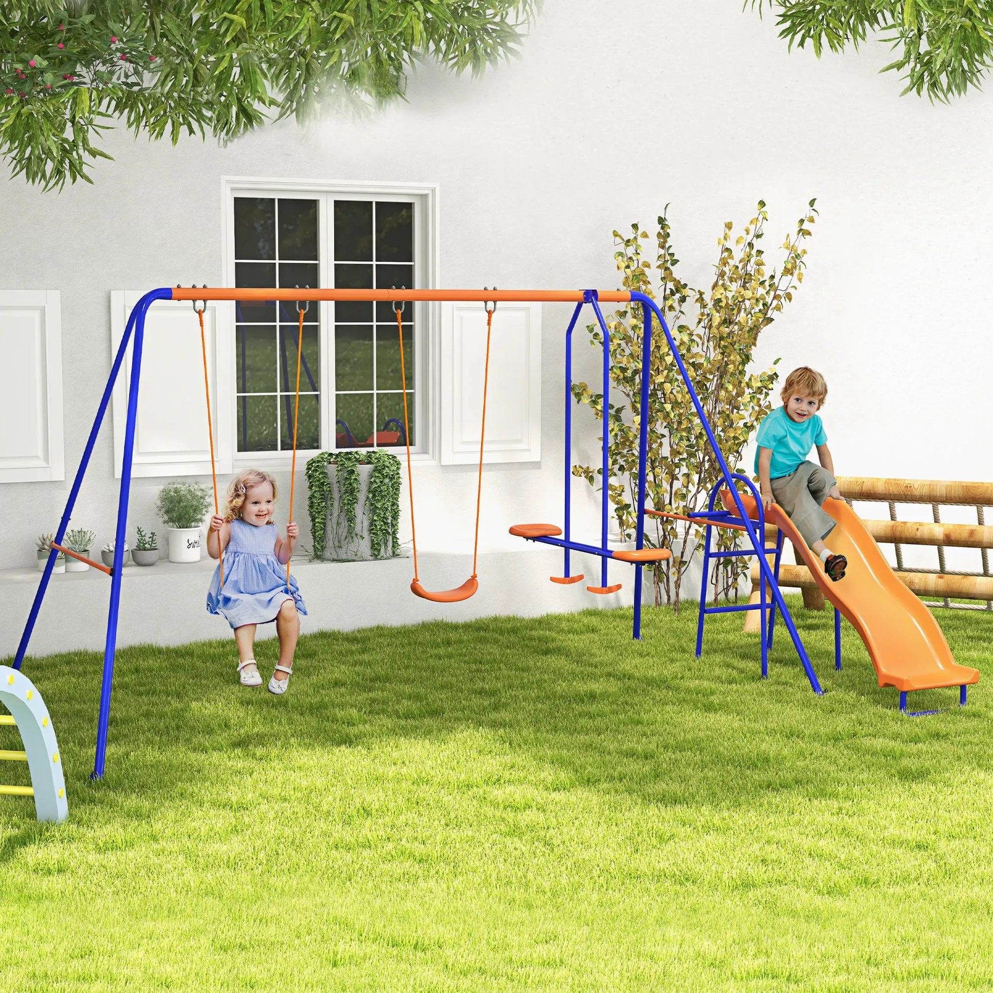 4 in 1 - Kinderschommel - 2 x Babyschommel - Wip - Glijbaan - Schommelset - voor 3-8 jaar - met Verstelbaar Touw - Anti-UV - 45 kg Maximale Belasting - 367 x 192 x 180 cm - Veelkleurig - QUORE