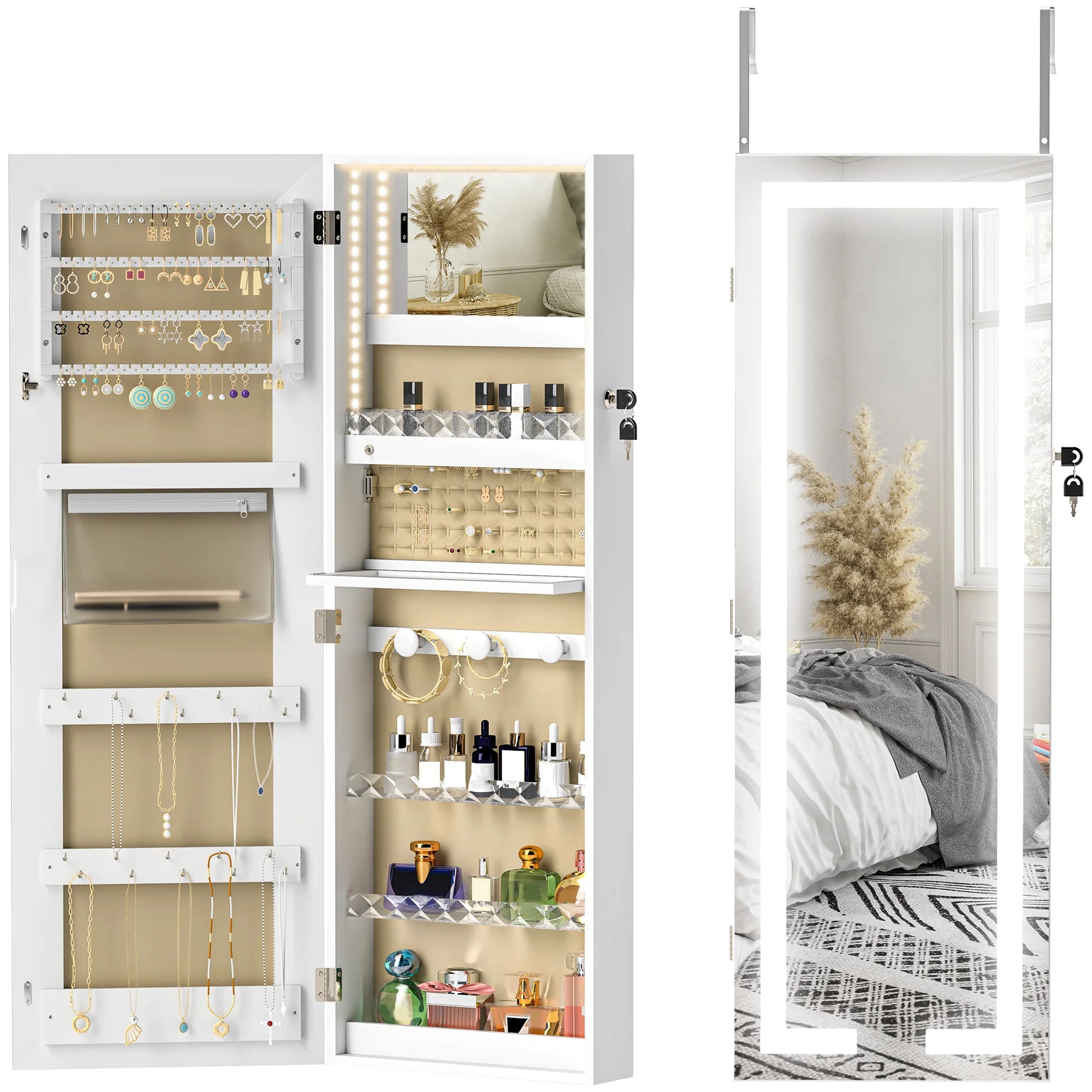 Spiegel Sieradendoos – Sieradenkast – Sieraden Opberger – Make-up Kast – Accessoire Organizer – 360° Draaibare Basis – Tri-color LED-verlichting – Slot Met Sleutels – Beige Bekleding - QUORE