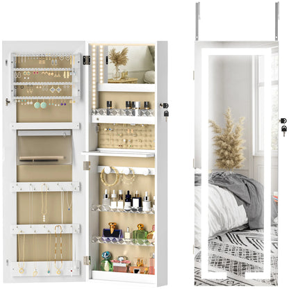 Spiegel Sieradendoos – Sieradenkast – Sieraden Opberger – Make-up Kast – Accessoire Organizer – 360° Draaibare Basis – Tri-color LED-verlichting – Slot Met Sleutels – Beige Bekleding - QUORE
