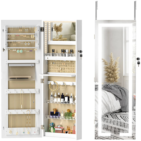 Spiegel Sieradendoos – Sieradenkast – Sieraden Opberger – Make-up Kast – Accessoire Organizer – 360° Draaibare Basis – Tri-color LED-verlichting – Slot Met Sleutels – Beige Bekleding - QUORE