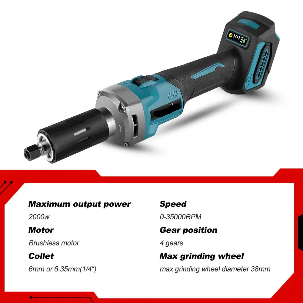 Rechte Slijpmachines - met Brushless - 2000W Draadloze - 35000RPM - 6mm Slijpmachine - 4 Snelheden Variabel -18V - Professionele Slijprotools - voor Graveer - Polijstmachine - Snijden - Zonder Batterij