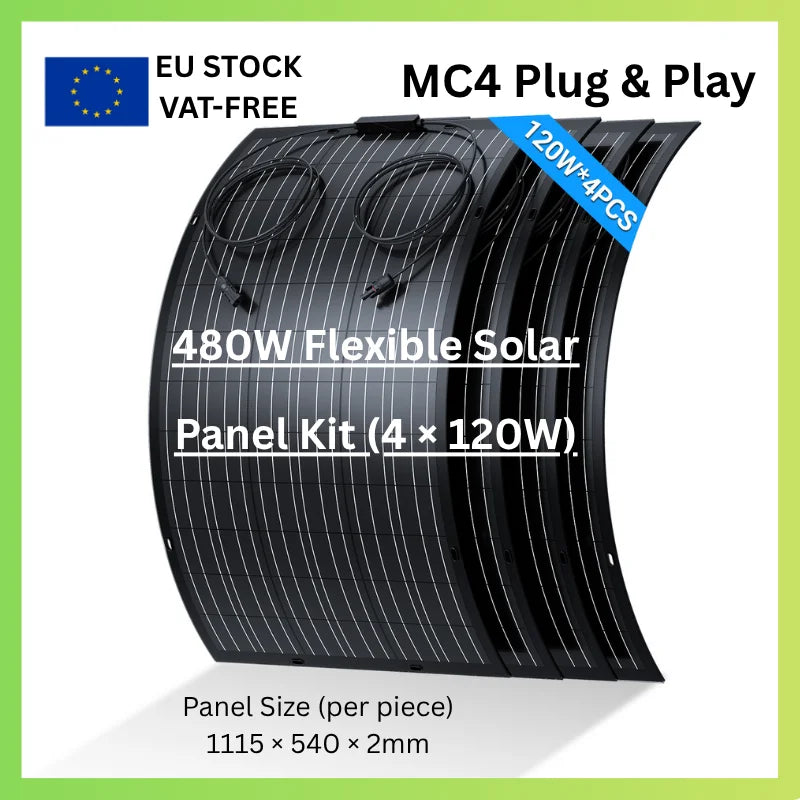 Flexibele Zonnepanelen Kit – Flexibele Solar Panelen – Zonnepaneel Set – Mobiele Zonne-energie – Lichtgewicht Zonnepanelen – 480W Vermogen – Hoog Rendement 18,6% – Waterdicht IP67 & ETFE Coating - QUORE