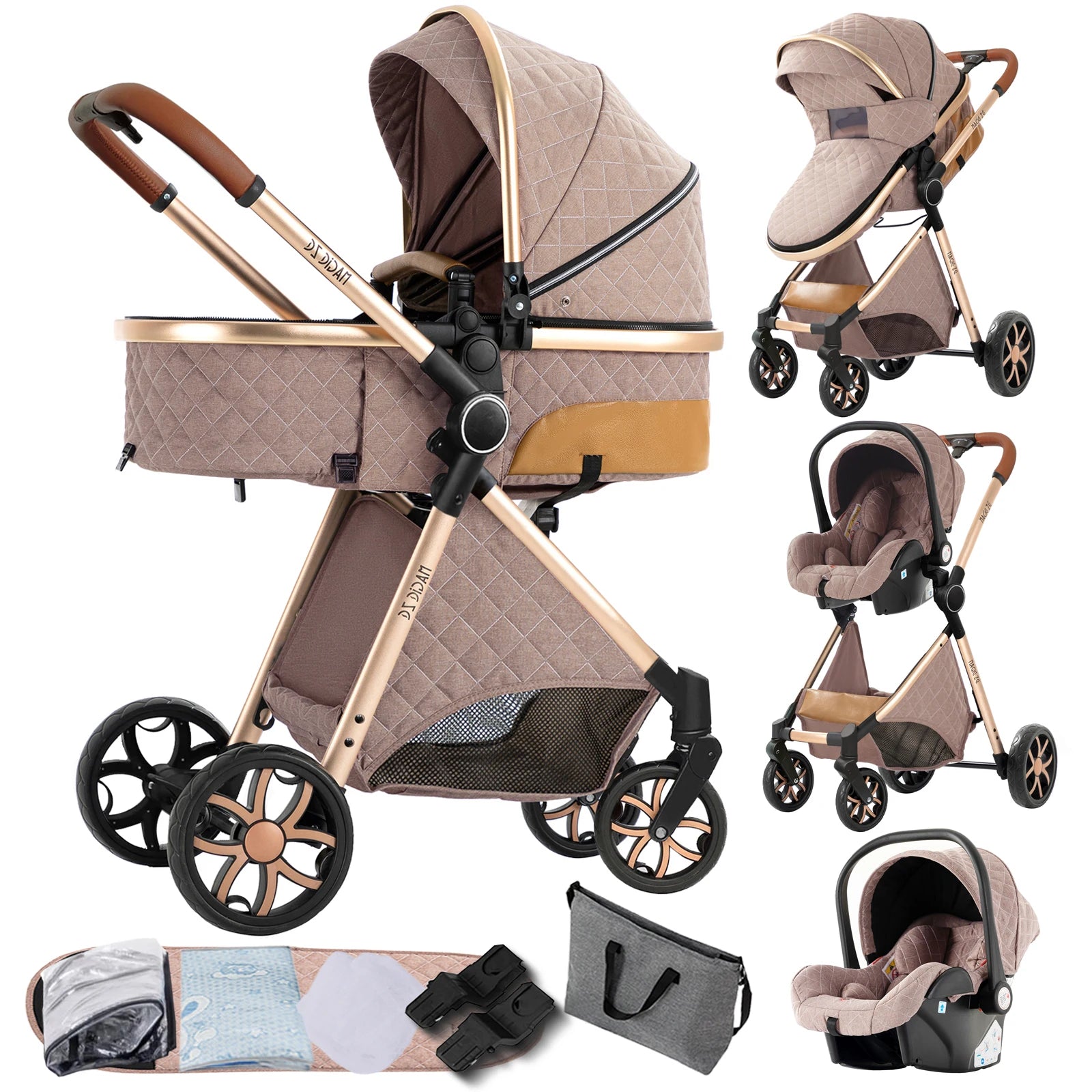 3-in-1 Wandelwagen – Autostoeltje – Wiegje – Buggy – Kinderwagen – Khaki – Lichtgewicht & Inklapbaar voor 0-36 Maanden - QUORE