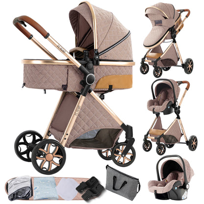 3-in-1 Wandelwagen – Autostoeltje – Wiegje – Buggy – Kinderwagen – Khaki – Lichtgewicht & Inklapbaar voor 0-36 Maanden - QUORE