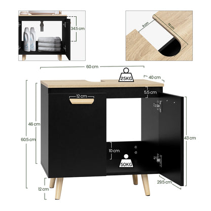 Wastafelmeubel 60x40x60,5 cm –Badkamerkast Onder Wastafel met Uitsparing – Wastafel Onderkast – Modern & Ruimtebesparend – Badkamermeubel met Opbergruimte - Zwart