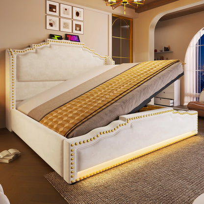 Tweepersoonsbed – Bedframe – Slaapbank – Opbergbed – Velvet Bed – Grijs 140x200 cm – Hydraulische Opbergruimte – LED Verlichting Met USB-C Poort
