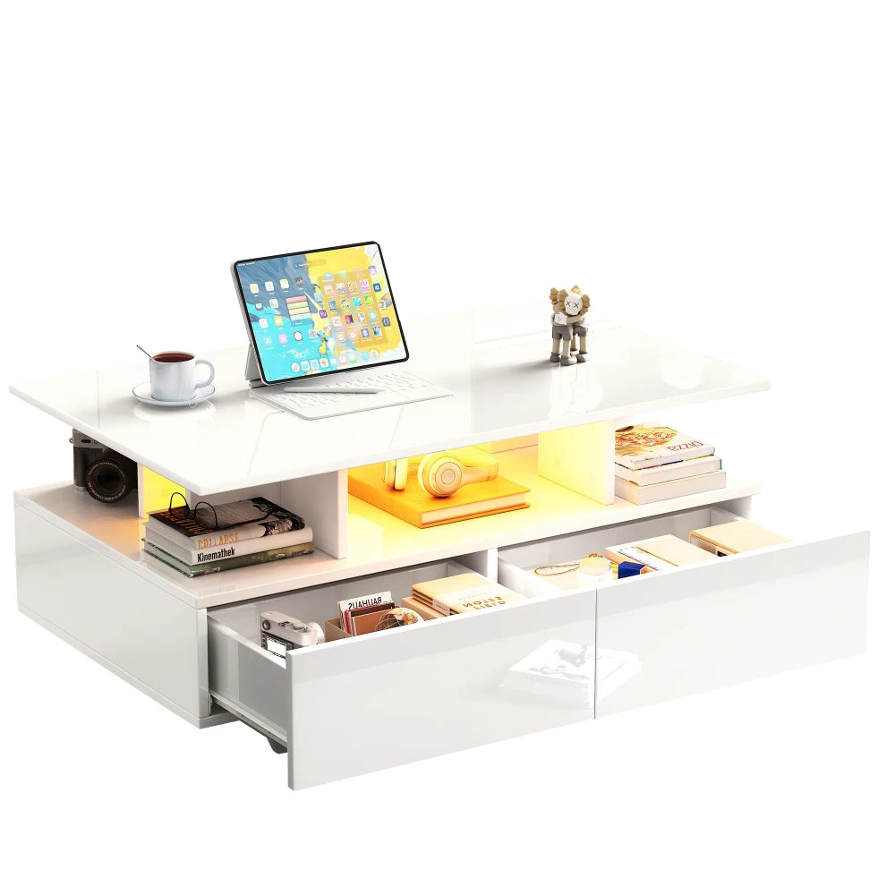 Salontafel – Koffietafel – Tafel – Theetafel – Bijzettafel – Hoogglans Wit – LED-verlichting en 2 Laden – 90x55x41 cm – Belastbaar tot 30 kg