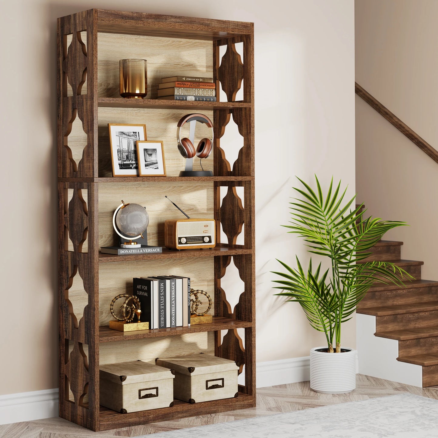 Boekenkast – Boekenplank – Wandrek – Opbergrek – Boekenrek – Industrieel Design – 6 Laags – Hout en Metaal – 190 cm Hoog – Stevig en Duurzaam - QUORE