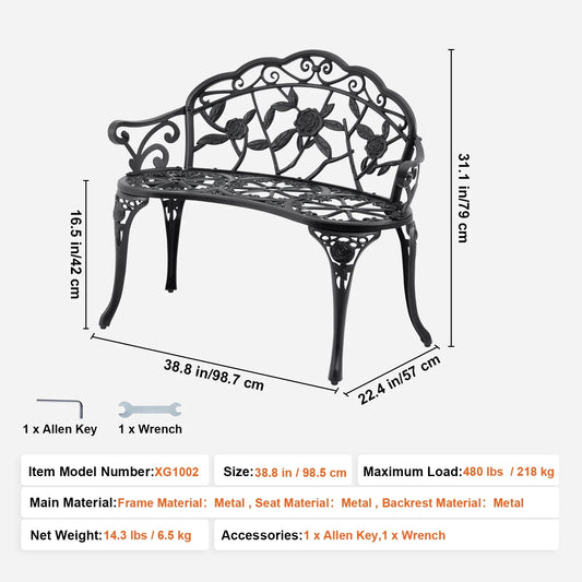 Tuinbank - Buitenbanken - Tuinbanken - Terrasbank - Tuinbankjes Weerbestendig - Hout en Metaal - Rugleuning - Armleuningen - 40inch - voor Tuin - Terras - Park - Zwart