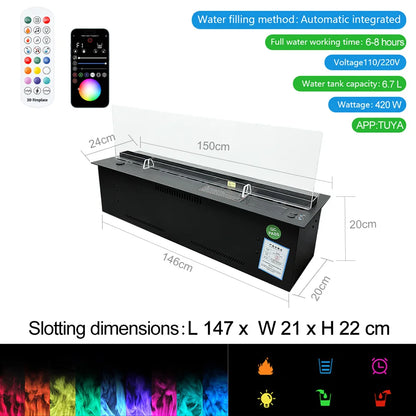 3D Mist Openhaard – Elektrische Haard – Waterdamp Haard – Sfeerverwarming – Luchtbevochtiger – 1500mm – Automatische Wateraanvulling – App- en Touchbediening