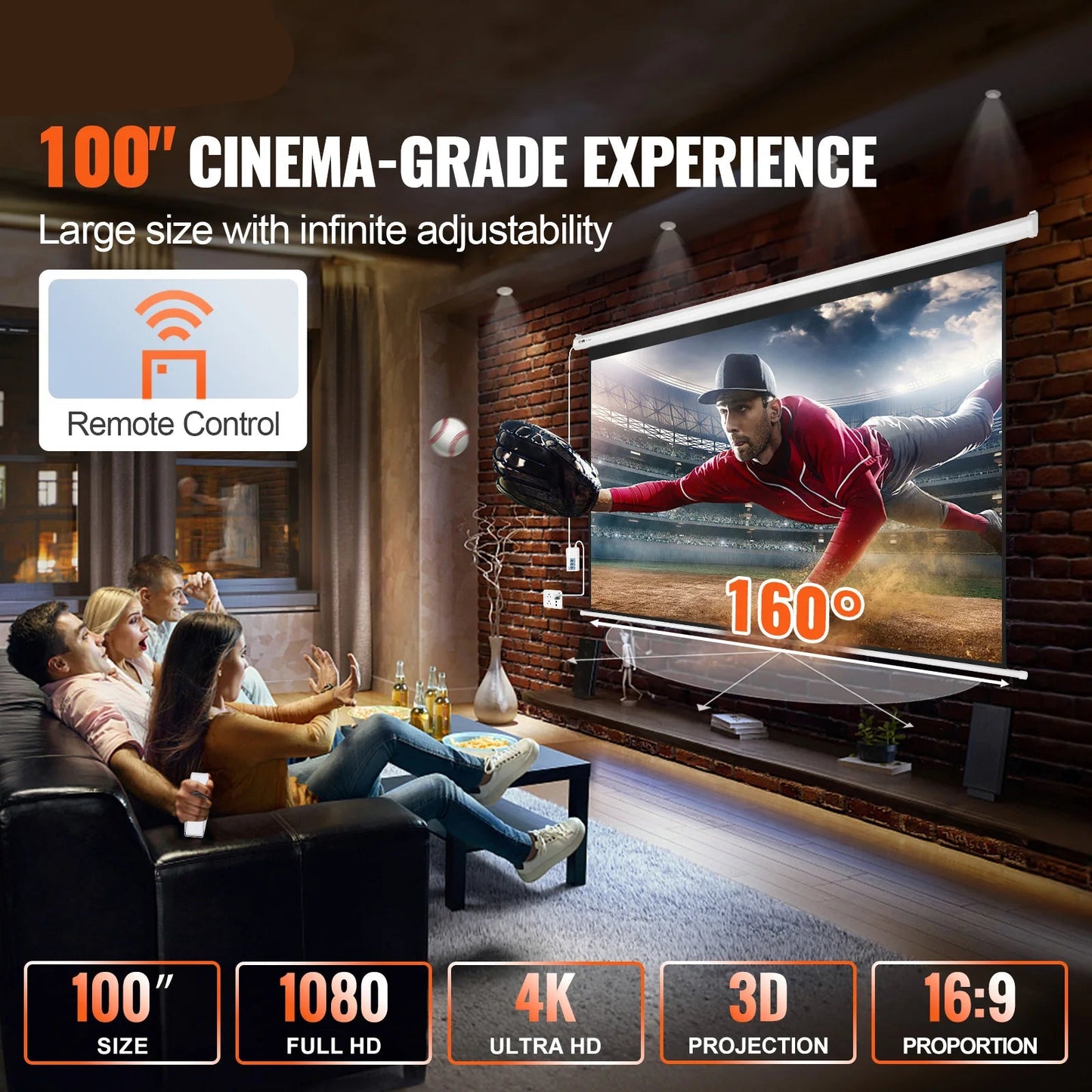 Projectieschermen - Beamer Scherm - Projector Scherm - Projectiescherm - 100Inch - Elektrisch - 16:9 4K/1080p HD - voor Wandmontage - Ideaal voor Thuisbioscoop en Kantoor