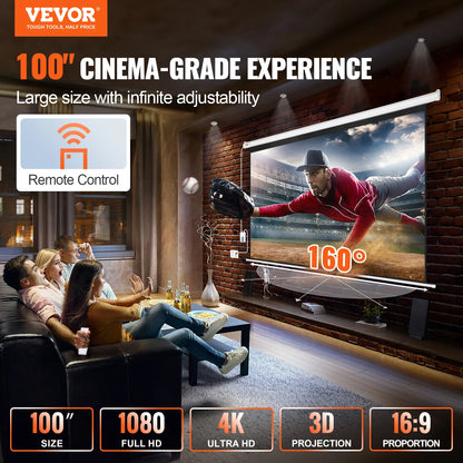 VEVOR Electric Motorized Projector Screen 100/120 inch 16:9 4K 1080 HD Wall Mount Movie Screen for Family Home Office Theater