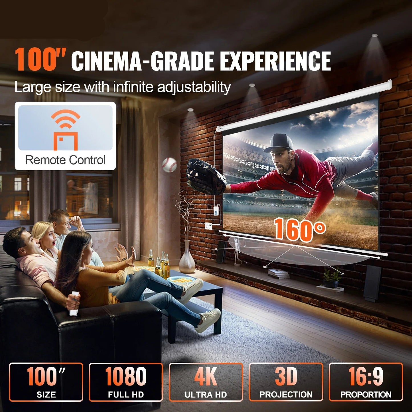 Projectiescherm - Beamer Scherm - Elektrisch Gemotoriseerd Projectieschermen - 120" - 16:9 HD 4K Bioscoopscherm - Home Cinema - voor Thuis, Kantoor & Theater
