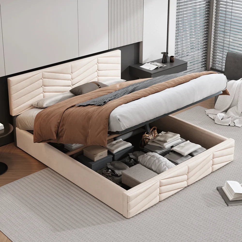 Fluwelen Bed – Velvet Bed – Luxe Bed – Slaapbed – Beige Bed – Verstelbare Hoofdsteun – Robuuste Houten Lattenbodem - QUORE