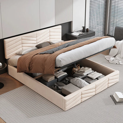 Fluwelen Bed – Velvet Bed – Luxe Bed – Slaapbed – Beige Bed – Verstelbare Hoofdsteun – Robuuste Houten Lattenbodem - QUORE