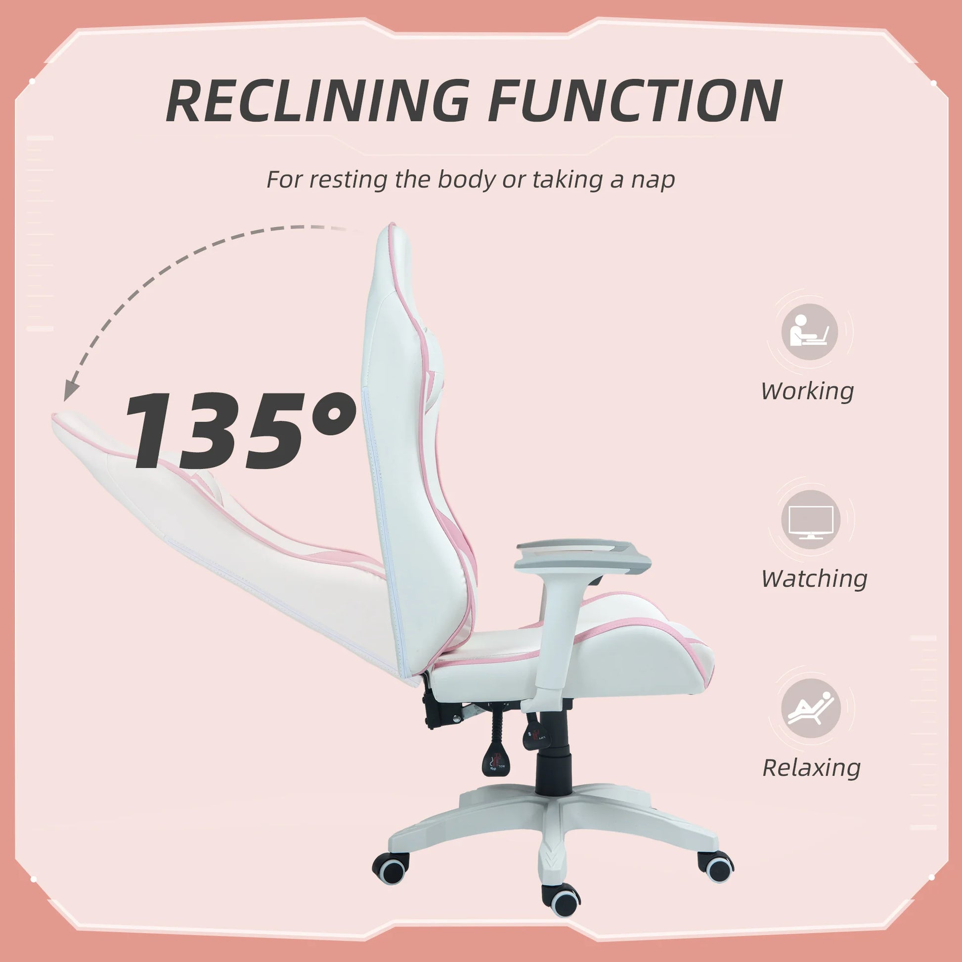 Gamingstoel – Bureaustoel – Computerstoel – Werkstoel – Ergonomisch Ontwerp – Verstelbare Armleuningen - 67 x 60 x 120-128 cm - Roze - QUORE