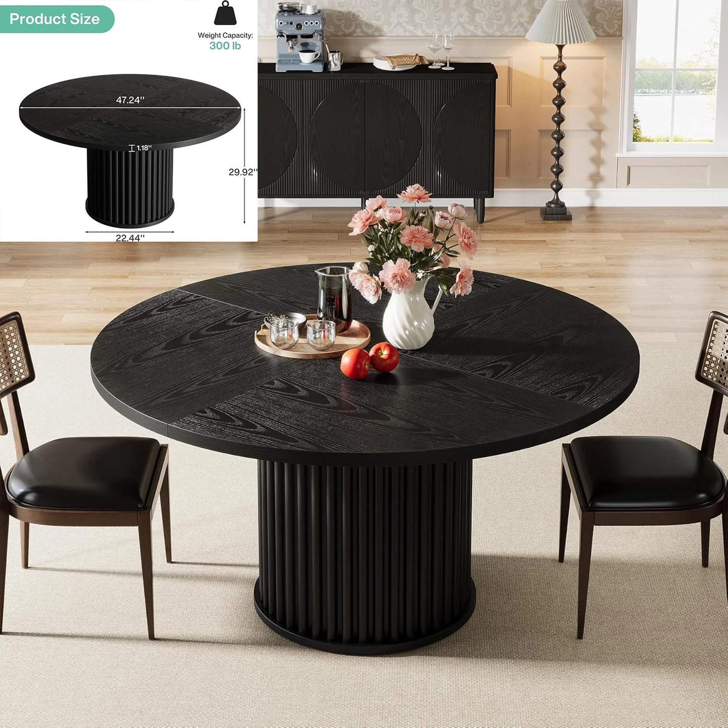 Ovale Eettafel – Ronde Tafel – Landelijke Eetkamertafel – Houten Tafel – Eettafel 6 Personen – Stevig Cilindervormig Onderstel – Duurzaam Houten Blad Zwart