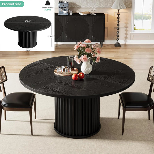 Ovale Eettafel – Ronde Tafel – Landelijke Eetkamertafel – Houten Tafel – Eettafel 6 Personen – Stevig Cilindervormig Onderstel – Duurzaam Houten Blad Zwart