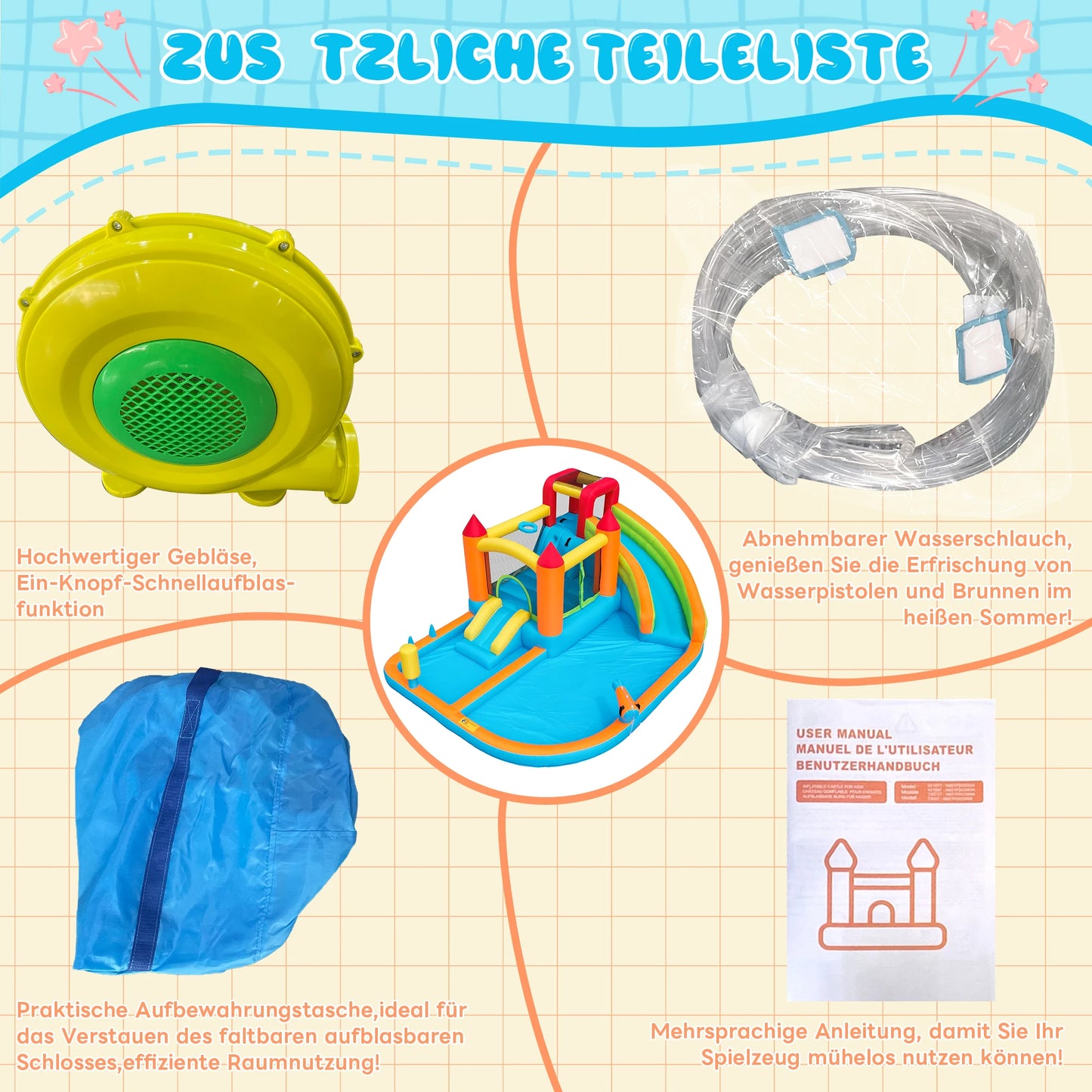 Opblaasbare Speeltuin – Springkussen – Trampoline – Glijbaan – Waterspeelplaats – Waterdicht Oxford-Weefsel – 450W Luchtpomp