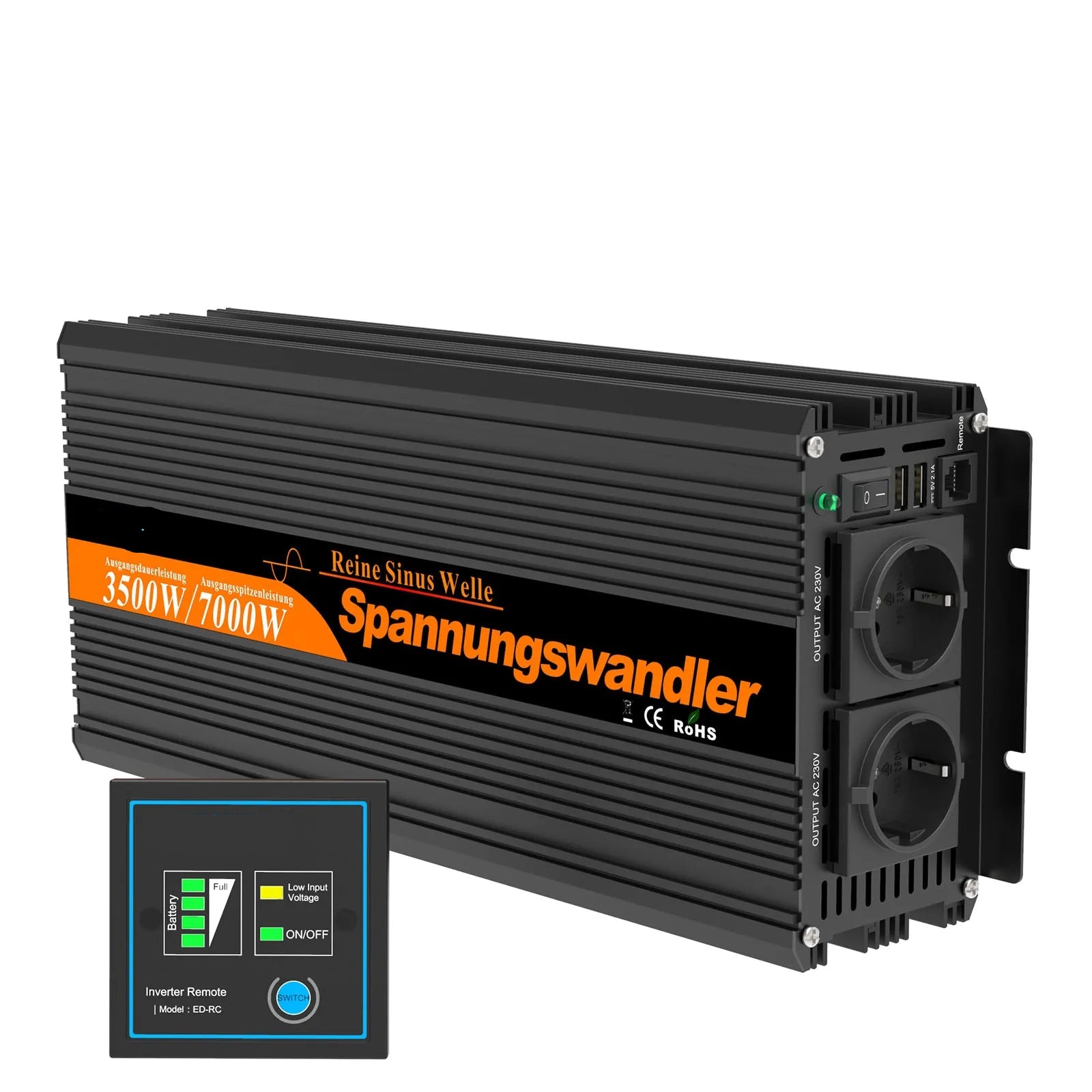 Omvormer – Stroomomzetter – DC Naar AC Converter – Power Inverter – Spanningsomzetter – Pure Sinusgolf – USB Uitgangen - 3500W - 12V - QUORE