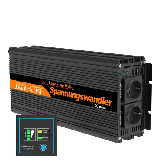 Omvormer – Stroomomzetter – DC Naar AC Converter – Power Inverter – Spanningsomzetter – Pure Sinusgolf – USB Uitgangen - 3500W - 12V - QUORE