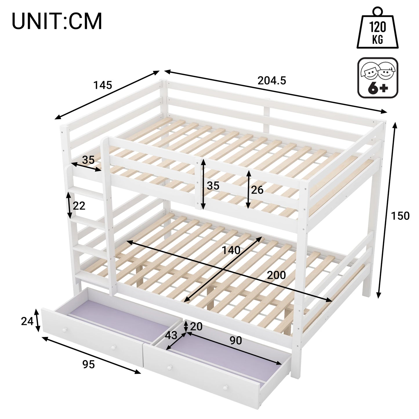 Hoogslaper Kinderbed – Halfhoogslaper – Stapelbed – Tienerbed – Kinderbed 90x200 cm – Met LED-verlichting – Inclusief Bureau en Opberglade – Speelse Raamvormen – Zonder Matras