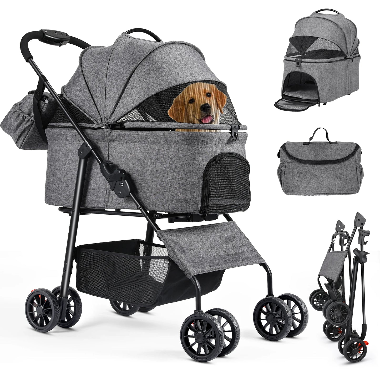 Hondenbuggy - 2-in-1 Wagen - Huisdieren - Vouwbare - Afneembare Reisdrager - en Autostoeltje - 360° Slijtvrije Rubberwielen - met Opbergmand - Gaasvensters - Drinkhouder - Voor Kleine Honden en Katten - Tot 40 kg - Gray