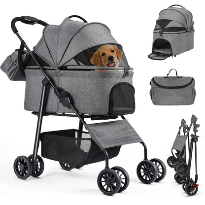 Hondenbuggy - 2-in-1 Wagen - Huisdieren - Vouwbare - Afneembare Reisdrager - en Autostoeltje - 360° Slijtvrije Rubberwielen - met Opbergmand - Gaasvensters - Drinkhouder - Voor Kleine Honden en Katten - Tot 40 kg - Gray
