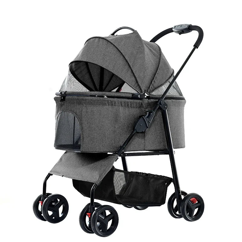Hondenbuggy - Hondenkar - Kattenbuggy - Opvouwbare - Huisdierenbuggy - met 4 Wielen – Geschikt voor Huisdieren tot 30 kg – Jogger met Opbergmand en Ademend Gaas - Grijs