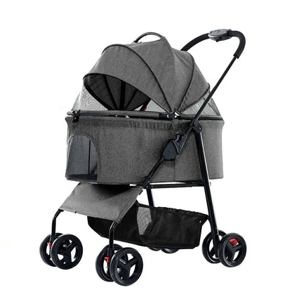 Hondenbuggy - Hondenkar - Kattenbuggy - Opvouwbare - Huisdierenbuggy - met 4 Wielen – Geschikt voor Huisdieren tot 30 kg – Jogger met Opbergmand en Ademend Gaas - Grijs