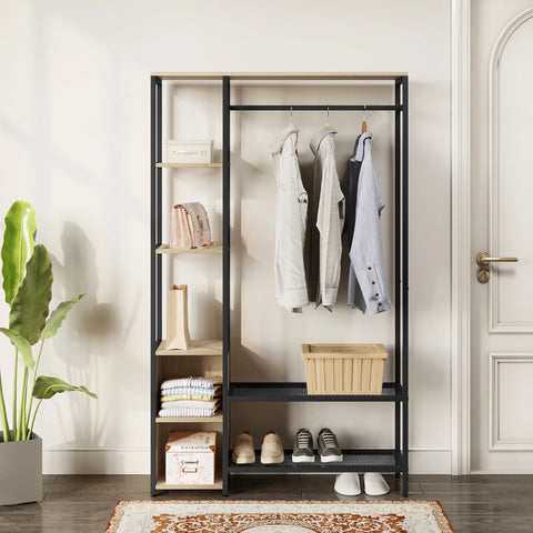 Kapstok met Kledingrail – 3 Planken – 2 Schoenenrekken – 2 Compartimenten – Stevige Jasstandaard – Opslag voor Hal & Garderobe – 100x165x30 cm – Zwart & Lichte Eiken