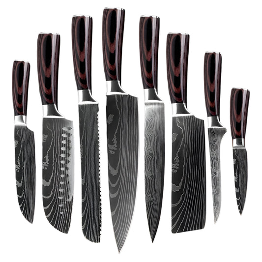 Keukenmessen - Knife set - Chef Knife - Knives - Kitchen Knife - Koksmes voor keuken - Damascus Santoku Messenset - Japans Scherp Hakmes Snijmes - 8-delige set