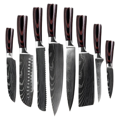 Keukenmessen - Knife set - Chef Knife - Knives - Kitchen Knife - Koksmes voor keuken - Damascus Santoku Messenset - Japans Scherp Hakmes Snijmes - 8-delige set
