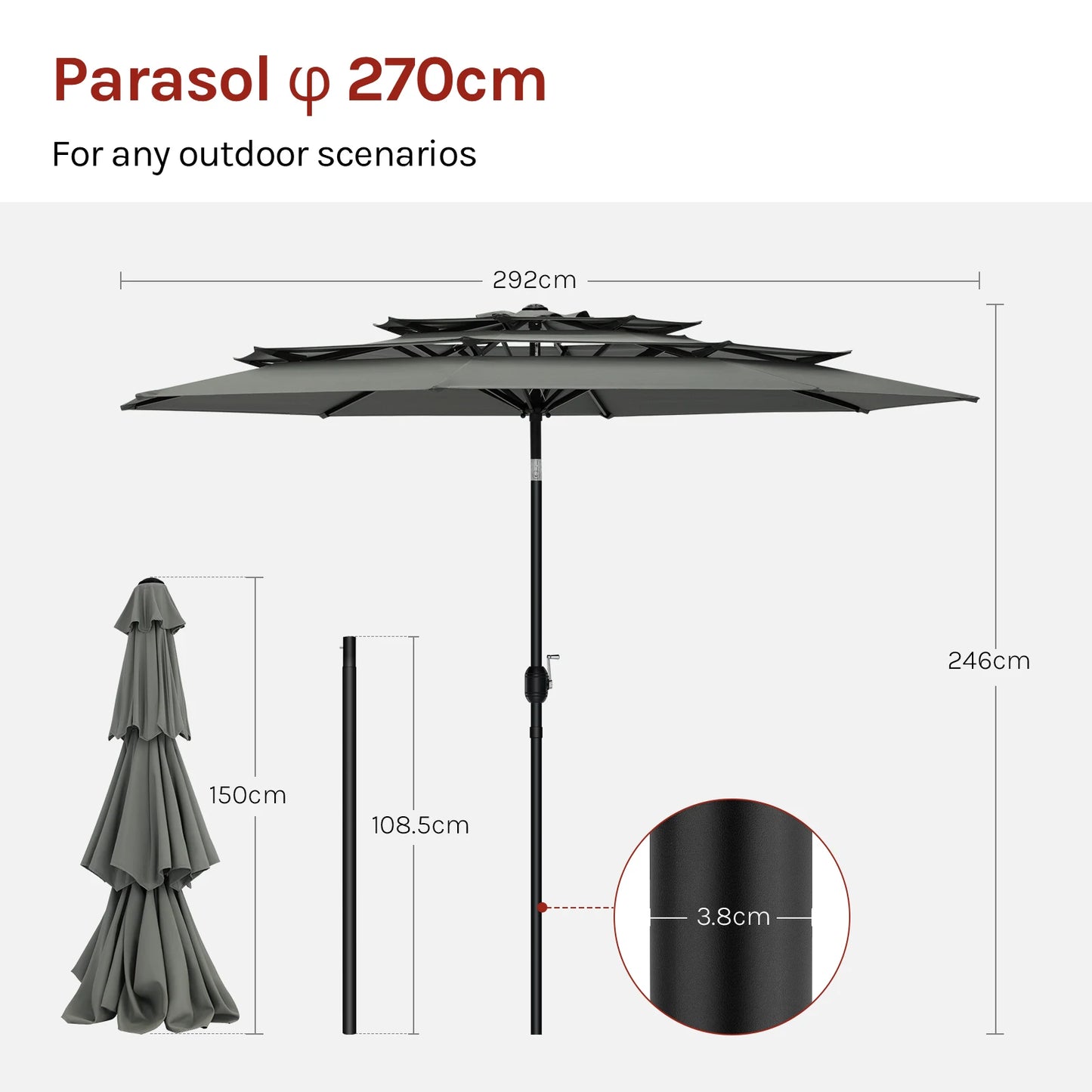 Parasol - Tuinparasol - Strandparasol - Zweefparasol - Balkon Parasol - Grote Parasol 292cm - met UV-bescherming, Kantelbaar en met 3 Ventilatieopeningen - Donkergrijs