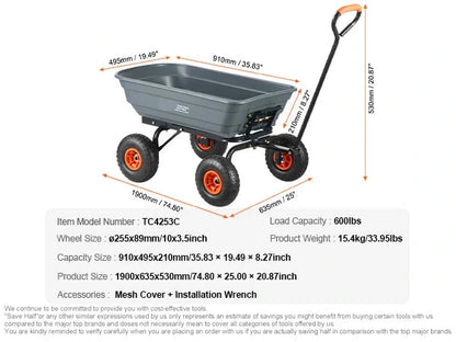 Tuinwagen - Tuinkar - Strandkar - Bolderkar - Transportkar - Gereedschapskar - Buitengebruik - 600lbs - met Grote Luchtbanden - Zware - Transportwagen