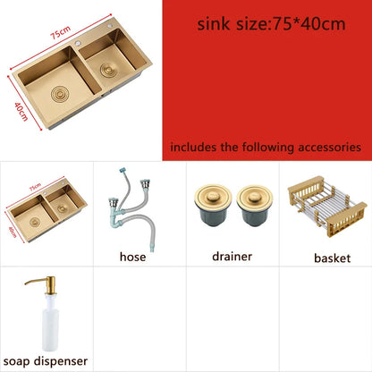 Dubbele Spoelbak – Keukenspoelbak – Dubbele Kom – Rvs Spoelbak – Gouden Spoelbak – 75x40 cm – 304 Roestvrij Staal – Zeefmand En Zeeppomp