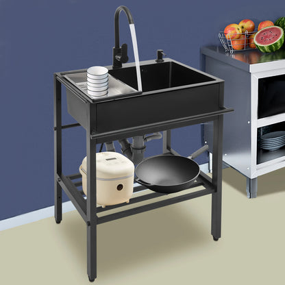 Vrijstaande Keukenspoelbak – Spoelbak, Wasbak, Keukenspoelbak, Inloopbak – Zwart, Rechthoekig – 201 Roestvrij Staal, 360° Draaibare Kraan – 60x45x86 cm, Inclusief Accessoires - QUORE