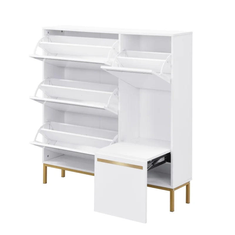 Schoenenkast – Schoenenopslag – Schoenenrek – Schoenenbank – Schoenenmeubel – 15 Tot 22 Paar – MDF Met Gouden Accenten - 105 × 115.5 × 25 cm - Wit - QUORE