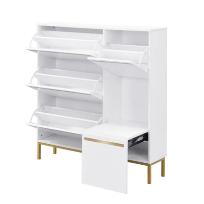 Schoenenkast – Schoenenopslag – Schoenenrek – Schoenenbank – Schoenenmeubel – 15 Tot 22 Paar – MDF Met Gouden Accenten - 105 × 115.5 × 25 cm - Wit - QUORE