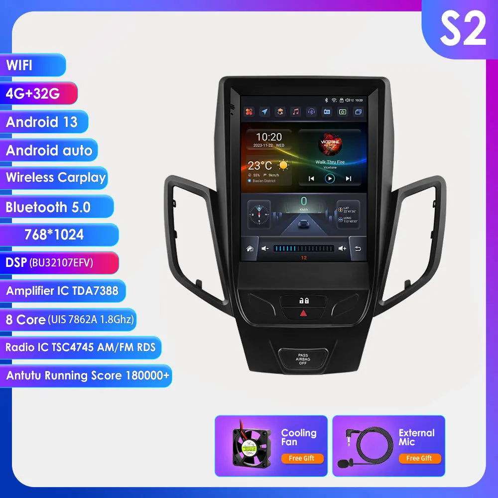 Hizpo 9.7 Inch  2 Din Car Radio for For Ford Fiesta MK7 2009 - 2016 Tesla Style CarPlay Android Auto GPS Navigation BT WIFI 4G