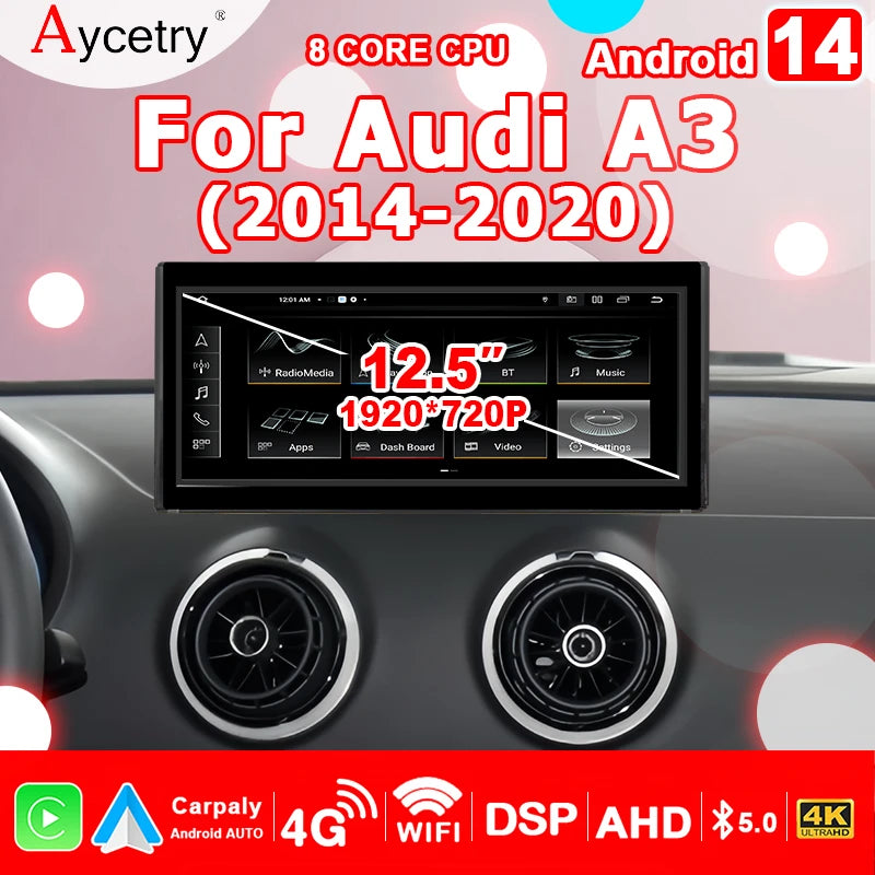 Android 14 Autoradio – Multimediaspeler – Touchscreen Radio – CarPlay Android Auto – Audi A3 2013-2020 – 12,3 Inch HD Scherm – 4G LTE Bluetooth GPS