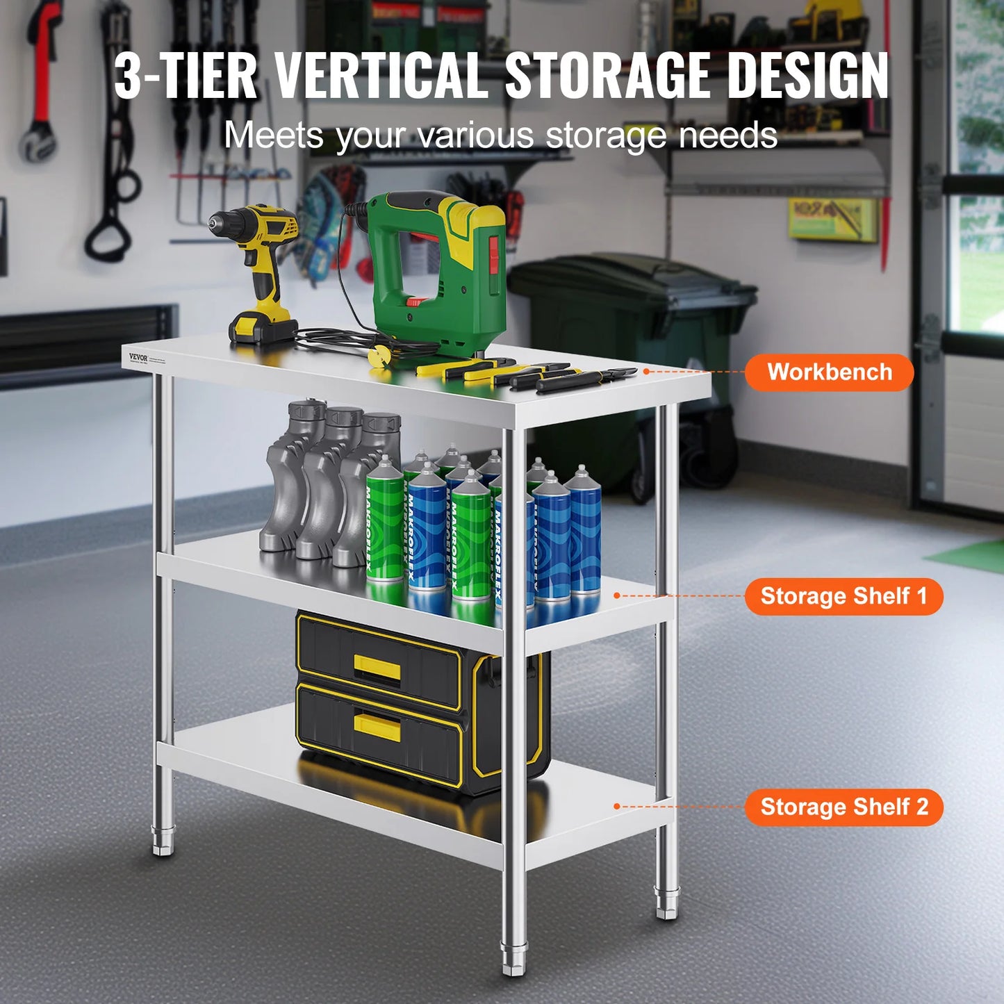 RVS Werktafel -  Keukeneiland - Kookeiland - Keukentafel - RVS Werktafel met Verstelbare Bovenplank - 14 x 60 in -  Roestvrijstalen Keukentafel met 2 Verstelbare Onderschappen - QUORE
